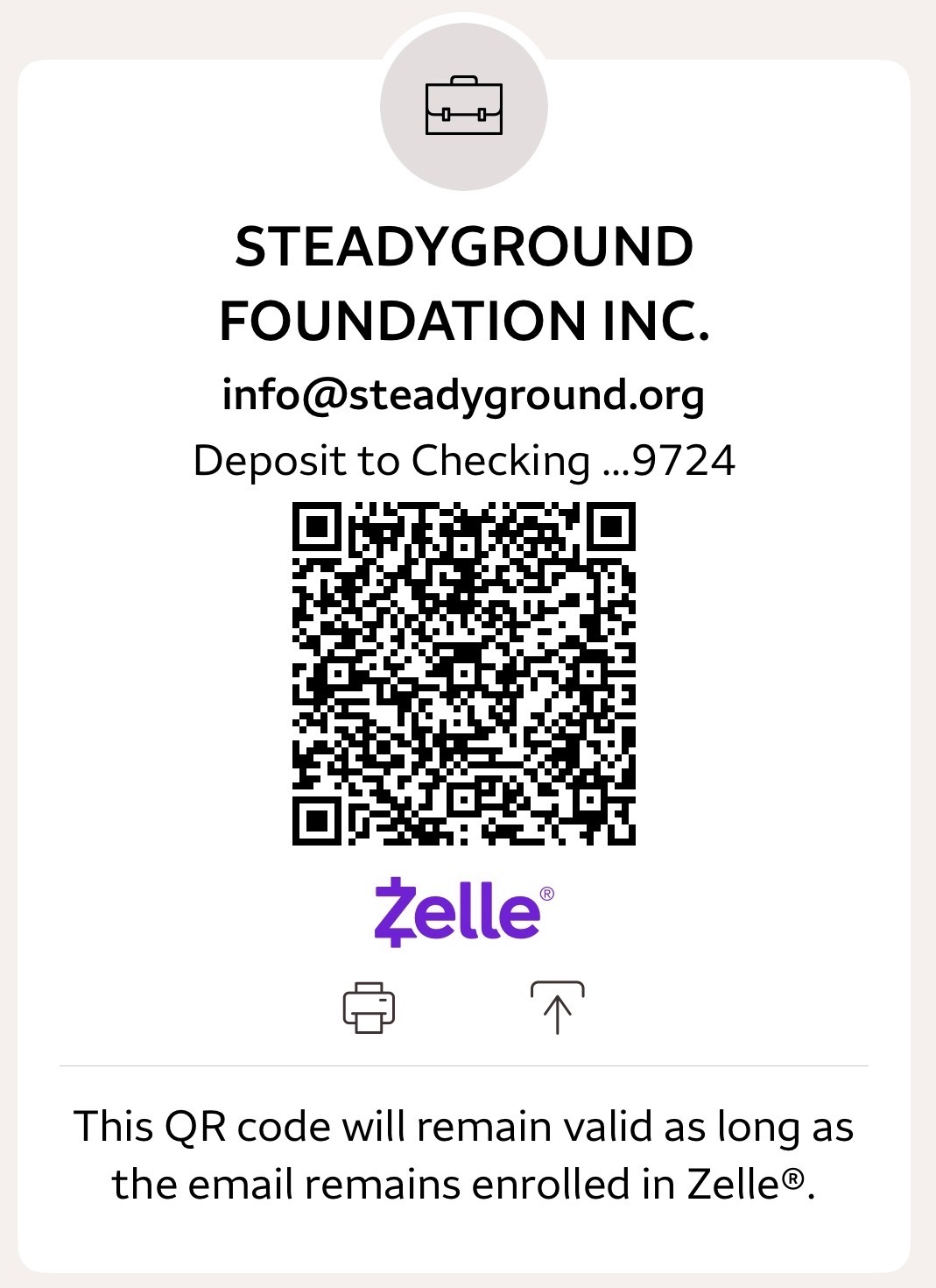 Steady Ground Foundation Zelle donation QR code